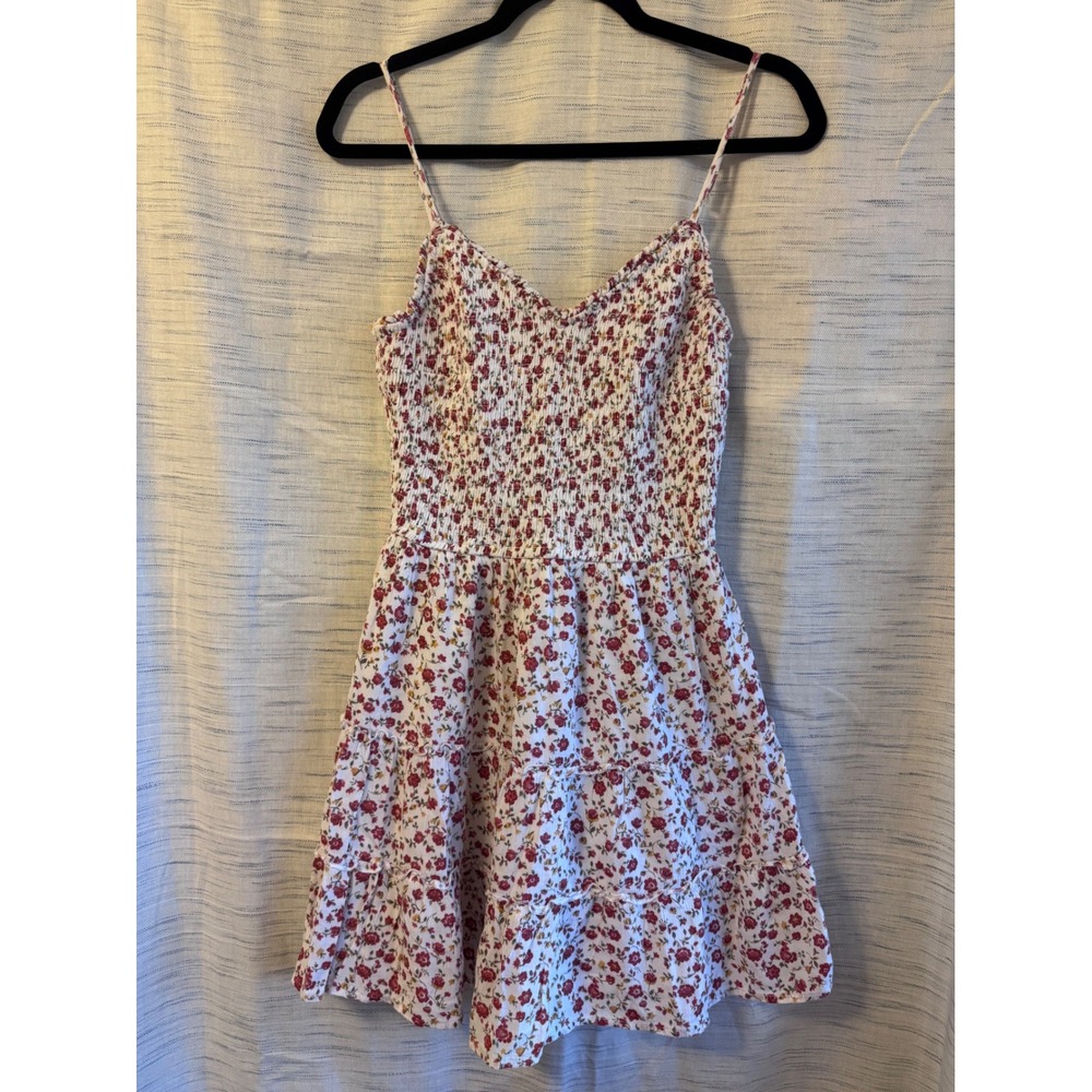Hollister Floral Smocked Tiered Mini Dress White Red Medium Spaghetti Strap